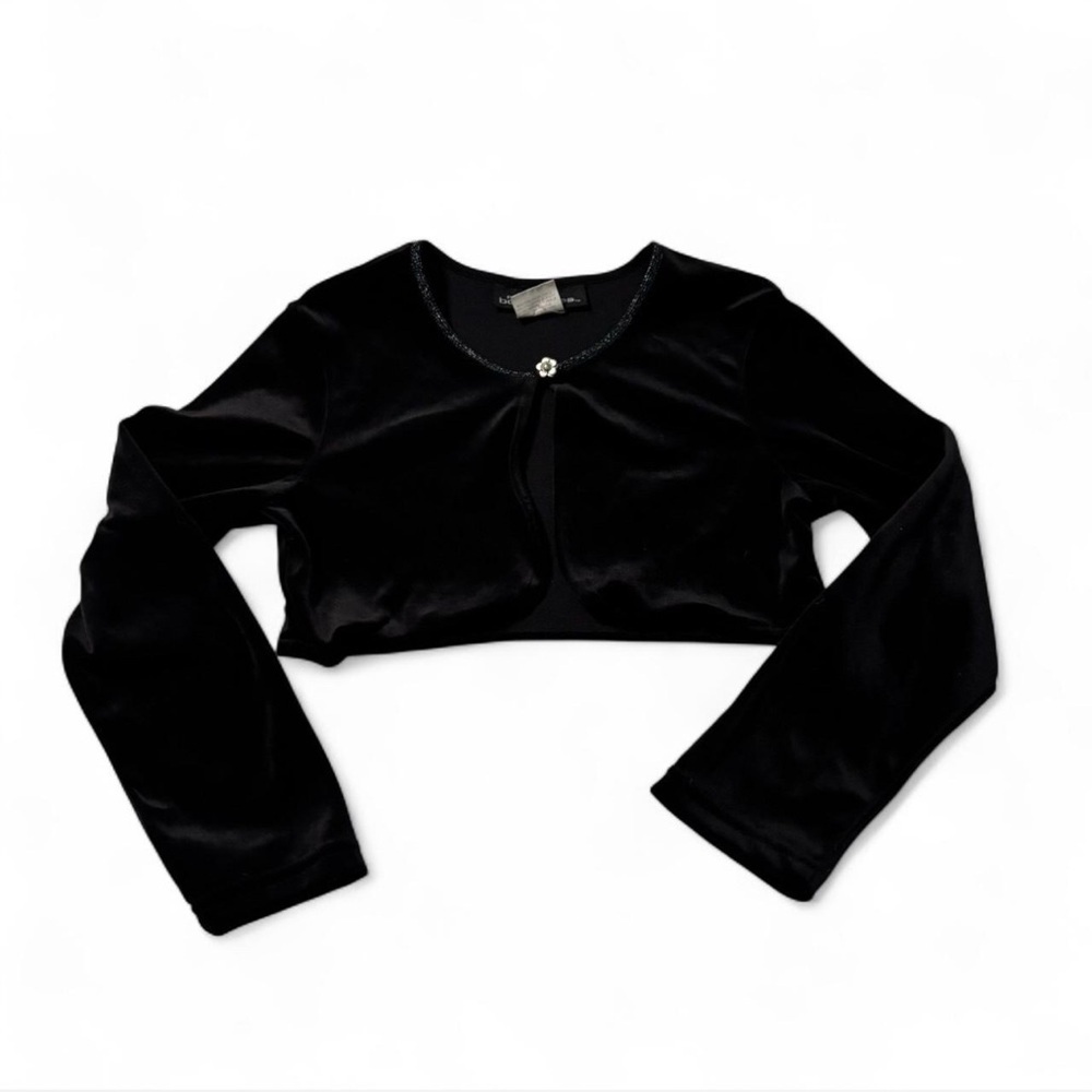 VTG y2k Girls Medium Long Sleeve Velvet Shrug Dress Cover Black Flower Button - Picture 1 of 4